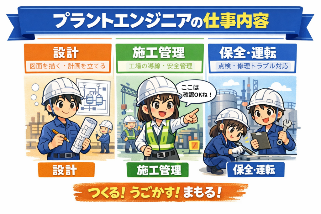 プラントエンジニアの仕事内容（設計・施工管理・保全）の図解